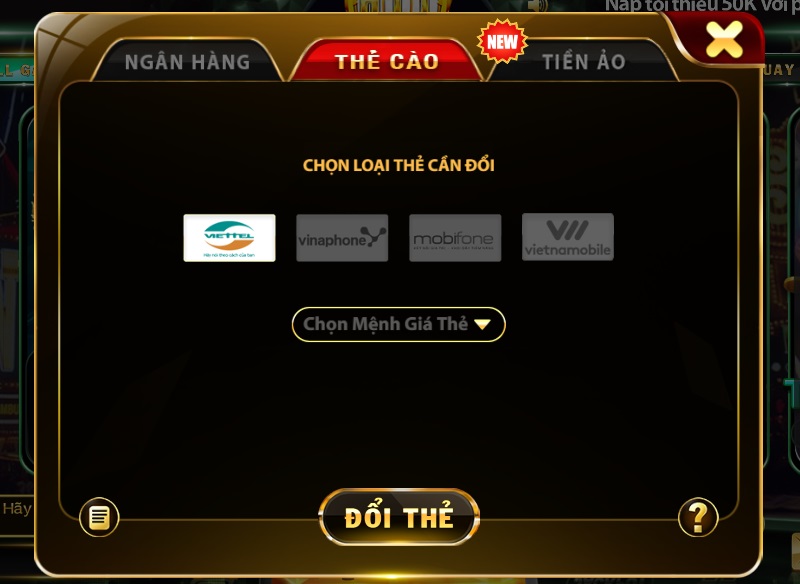 Quy đổi tiền thưởng tích lũy trong ví game tại Hit Club thành thẻ cào điện thoại